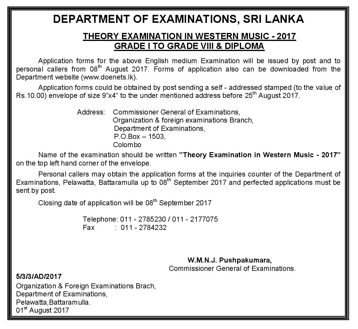 Theory Examination in Western Music 2017 (Grade I to Grade VIII & Diploma) - Department of Examinations